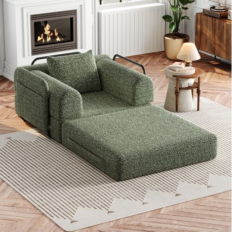 Divano letto singolo in ciniglia verde 2 in 1 con vano portaoggetti nel bracciolo (1/5)
