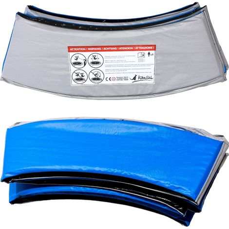 Coussin de protection trampoline Ø 360 cm – PVC 310gr/m2 bleu et gris – Largeur 29 cm – Épaisseur mousse 18 mm – 8 sections avec attaches élastiques – Kangui