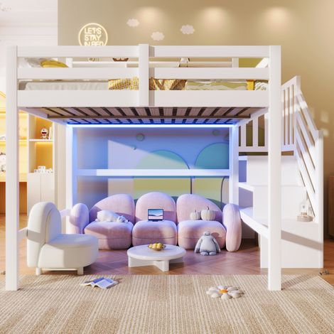 Lit mezzanine enfant 140x200 cm avec LED, escalier de rangement, blanc, REDOM (1/5)