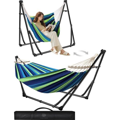Hammock and Chair with Stand Foldable and Portable Double Use, Heavy Duty Hammock Stand, No Tools, Space-Saving, Max Load 200kg, for Indoor Outdoor Garden Camping (1/5)