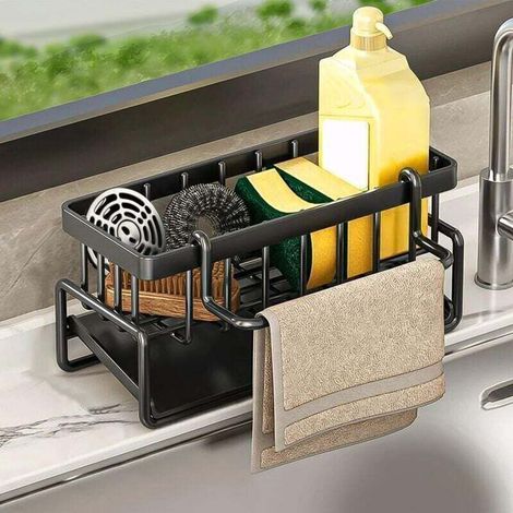 Rangement et Organisation de Cuisine, Organisateur d'évier en Acier Inoxydable avec bac d'écoulement Automatique pour Porte Eponge, Porte Serviettes, Super Accessoires pour Salle-Noir (1/4)