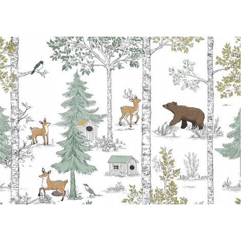 Papier peint mural forêt animaux enfant intissé grand format design intérieur chambre enfant pas cher 300x210 cm (1/5)