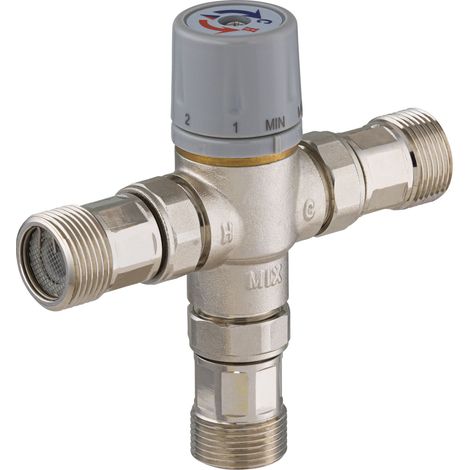 Noyon & Thiebault – Mitigeur thermostatique pour chauffe-eau – Sécurité anti-brûlure – Raccord mâle 20x27 – Corps laiton finition nickelée – Température réglable 30-50°C