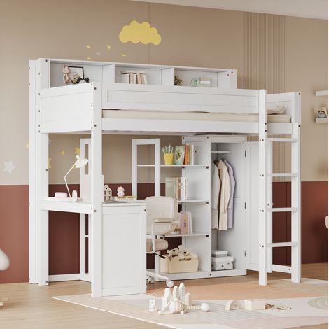 CHICFURN Letto a castello 90x200 bianco in legno con scrivania e armadio, senza materasso (1/5)