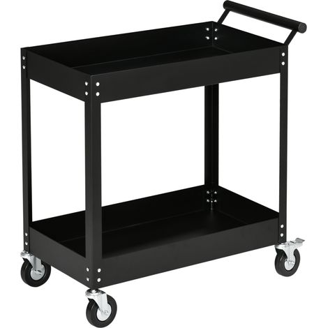 Chariot d'atelier avec 2 niveaux, chariot d'outils vide, chariot de transport, poignée latérale, 4 roulettes, acier, capacité de charge jusqu'à 150 kg, 84,5 x 38 x 84 cm, Noir