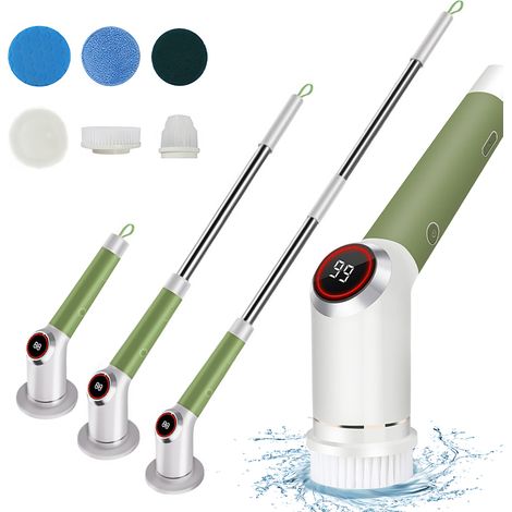 Brosse électrique rotative étanche IPX5 à double vitesse avec écran LCD, sans fil, poignée rétractable et 7 têtes de brosse. Poignée extensible réglable. Idéale pour baignoire, carrelage, sol et fenêt (1/2)