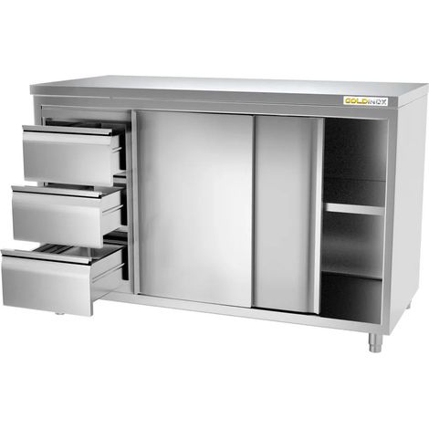 Meuble bas inox 2000x600 mm avec 3 tiroirs à gauche PREMIUM - GOLDINOX (1/3)