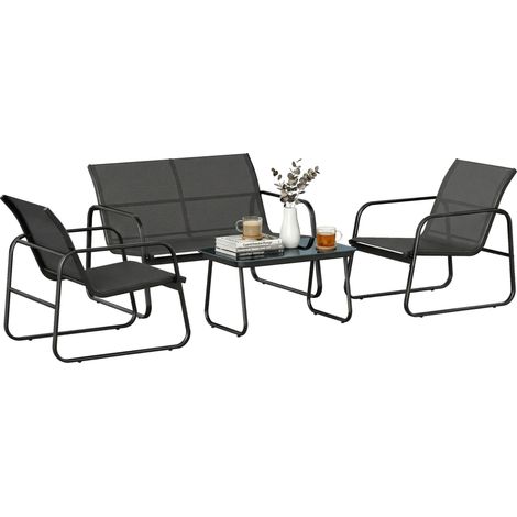 Ensemble de jardin 4 pièces comprenant un canapé 2 places, 2 fauteuils et une table en verre trempé – Tissu Textilène gris foncé