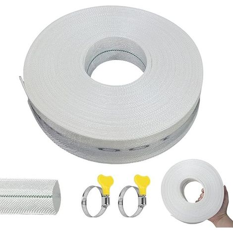Flachschlauch, 20 m, Ø 32 mm, mit Schlauchschelle, 1 1/4 Zoll Bewässerungsschlauch, Sprinklerschlauch, für Gartenbewässerung, Tauchpumpen, Weiß (1/5)
