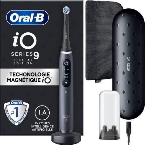 Cepillo de dientes eléctrico Oral-B iO 9 - Negro - 1 cabezal de cepillo - 1 estuche de viaje con cargador - 1 bolsa magnética