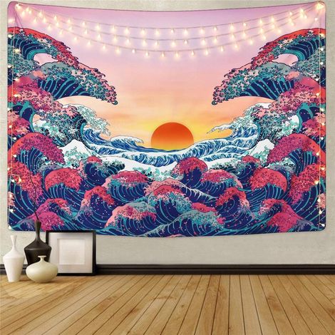Grande Vague Océan Tapisserie Murale Coucher de Soleil Orange Décor Naturel pour Chambre Cité U (A-Grande Vague, L/150cmx200cm) (1/5)