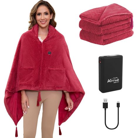 Couverture Chauffante USB avec Batterie 20000 mAh, Électrique Couverture Chauffante sans Fil Portable avec 4 Zones de Chauffage, 3 Niveaux de Température (Rouge, 100 x 150 cm) (1/5)