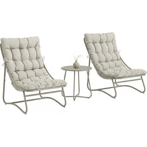 3-teiliges Bistro-Set für 2 Personen, runder Tisch und Gartenstühle mit Textilene-Sitzen, hellgraue Kissen inklusive, kompakte Gartenmöbel.