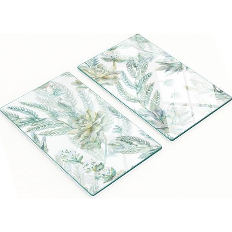 Planches à découper et à servir décoratives en verre, motif fleurs et feuilles, 2 x 30 x 52 cm