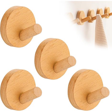 4 ganchos redondos de madera para pared, no requieren taladrar, para armarios, dormitorios o baños. (1/5)