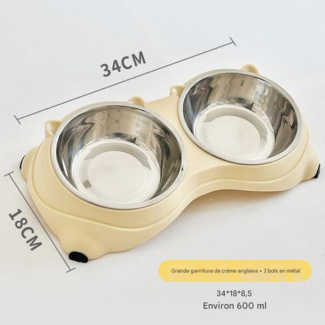 Gamelle double en acier inoxydable pour chat, gamelle d'eau et de nourriture intégrée, confortable et spacieuse, jaune crème (34 × 18 × 8,5 cm, contenance 600 ml) (1/5)