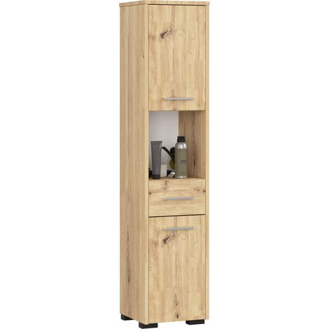 Colonne salle de bains AKORD FIN Chêne Artisan 30 cm 2 portes 1 tiroir façade Chêne Artisan 5 étagères 30x30x140 cm (1/5)