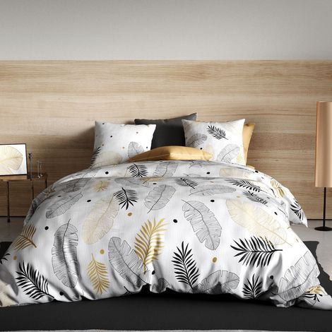 Parure housse de couette 240x220cm + 2 taies motif feuillage blanc, noir et or 100% coton - VOLKIA (1/4)