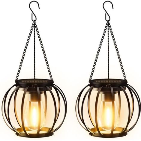 Garden Solar Lights for Outdoor Hanging, Pack of 2 Solar Lanterns for Outdoor Use with Large LED Bulb, IP65 Waterproof Metal Solar Lights for Outdoor, Patio, Lawn, Balcony, Yard, Garden (1/5)