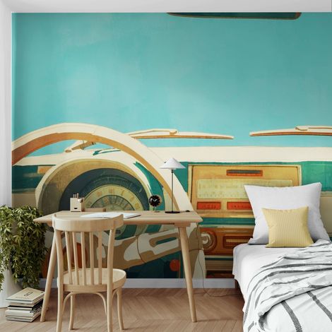 Papier Peint Vintage Voiture - Dashboard Rétro Bleu - 150 x 250 cm (1/2)
