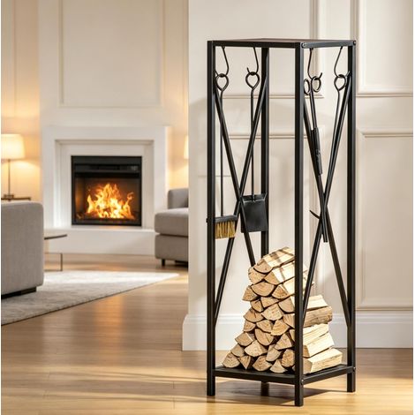 Range-bûches 34x34x111 cm en métal noir avec outils, pour salon, gain de place – MEUBLIV (1/5)