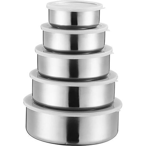 Ensemble de 5 boîtes alimentaires empilables avec couvercles, en acier inoxydable. (1/5)