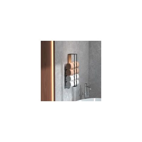 Porte-serviettes mural – Panneau en bois – Accessoire universel pour salle de bain/piscine – Acier au carbone – Noir (1/5)