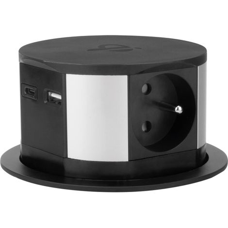 Bloc multiprise encastrable 3 Prises 16A + 2X USB et Chargeur Induction - Noir (1/5)