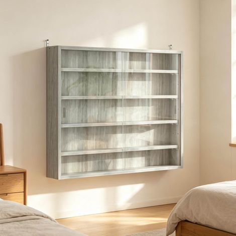 Vetrina da parete 80 x 9,5 x 60 cm con 4 ripiani regolabili, grigia HAVRYA (1/5)