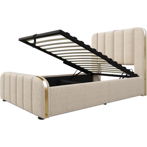 Cama baúl 90 x 200 cm en lino beige con cabecero, puertos USB y USB-C, somier de lamas (1/5)