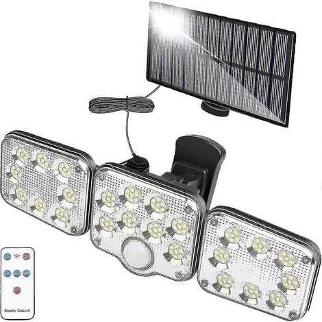 Projecteur solaire extérieur, 138 LED 2200 lm avec télécommande, étanche IP65, 3 têtes orientables, grand angle 270°, éclairage de sécurité sans fil pour garage (1/5)
