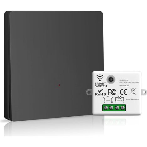 Interrupteur sans fil avec interrupteur mural - Interrupteur sans fil et récepteur radio 2200 W/10 A - Interrupteur intelligent 2,4 G - 230 V - Noir - 1+1 (1/5)