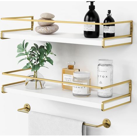 Organiseur de salle de bain moderne blanc et doré avec barre de rangement, rangement mural décoratif pour petits espaces, lot de 2-Muntra (1/5)