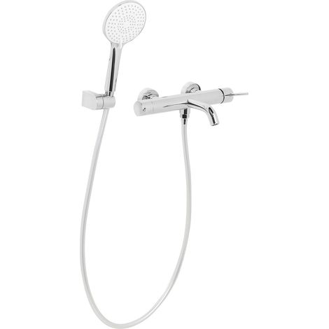 Miscelatore per vasca da bagno a parete in ottone Set bocca singola e soffione doccia Kit argento Meliquina