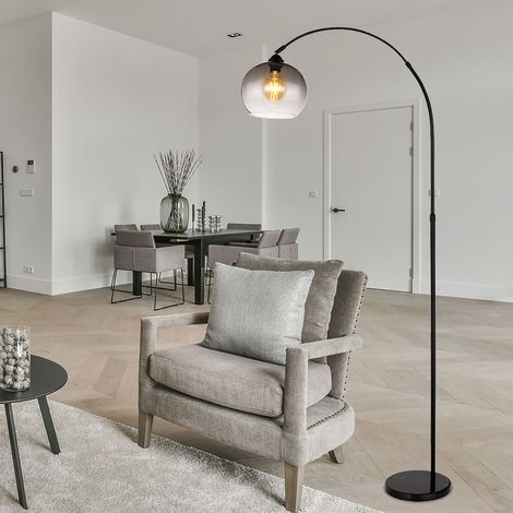 Globo – Lampadaire arc réglable en hauteur – Métal noir, marbre et verre fumé – Hauteur 141 à 196 cm – Douille E27 pour ampoule jusqu'à 60W
