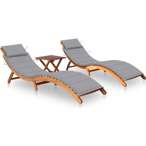 Lot de 2 Chaises longue Bain de soleil Transat de relaxations avec table et coussins Acacia solide CFW252278 (1/5)