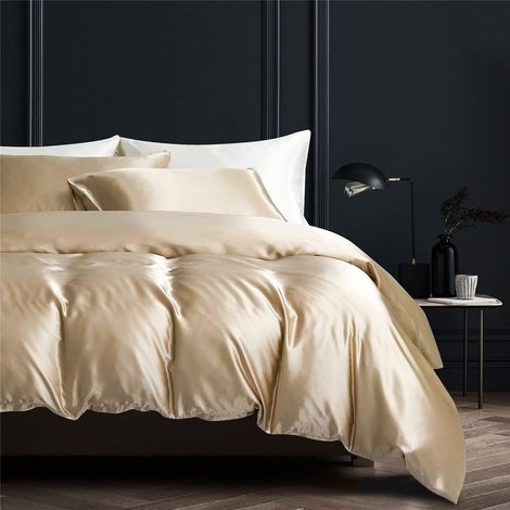 Sets de Housse de Couette 140x200cm Satin Or Beige Unie Parure de Lit 1 Personne Soie Lisse Soyeux Brillant Doux Linge de Lit Satiné avec 1 Taie d'oreiller 65x65cm avec Fermeture Éclair (1/5)