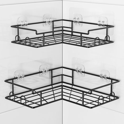 Lot de 2 Étagères Douche d’Angle sans Perçage, 8 Crochets, Noires  Montage sans perçage, inox antirouille et drainage ouvert pour shampoing, gel douche, savon et accessoires (1/5)