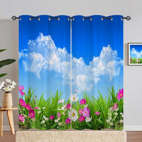 Rideau Occultant Ciel Bleu Nuage Blanc Fleur Rideau Thermique Isolant Tenture Opaque à Oeillets Draperies Intérieurs pour Maison Chambre Salon 2 Panneaux L 140 x H 280 cm - 140L X 280H cm (2 Panneaux) (1/5)