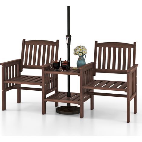 Ensemble de Meubles de Patio 2 Places en Bois de Sapin, Salon de Jardin avec 2 Chaises à Lattes Table Basse et Trou pour Parasol de 5 cm, Marron (1/5)