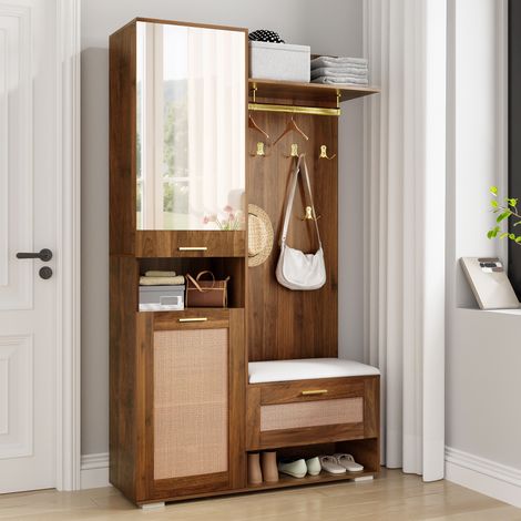 Flurgarderobe, Wandgarderobe mit Spiegel und Sitzbank mit Stauraum, 16-farbige LED-Beleuchtung, stilvolles Rattan-Geflecht, Walnuss (1/5)