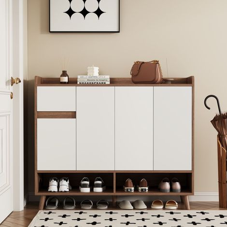 Buffet 120x99cm 4 portes 1 tiroir étagère réglable charnières silencieuses antichute capacité 50kg - mdf - blanc et naturel (1/5)
