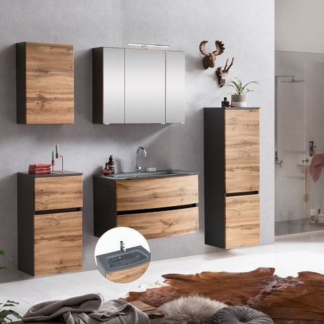 Badezimmer Badmöbel Set LAURIA-03 in Graphitgrau mit Wotaneiche Nb. inkl. Glasbecken grau, LED-Aufbauleuchte, BxHxT: ca. 200x200x49 cm (1/5)