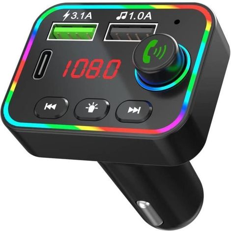 Transmetteur FM Bluetooth pour Voiture,QC3.0 Chargeur Rapid Voiture,2 USB Port, 7 Couleurs Rétro-Éclairage LED (1/4)