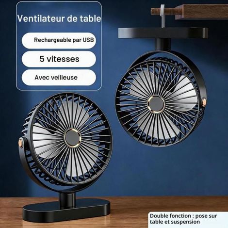 Ventilateur Portable - Batterie 4000 mAh - 5 Vitesses - Rotation 720° - Veilleuse Intégrée - Pour Bureau Camping Table Chevet - 1 Pièce (1/5)