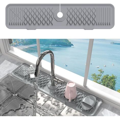 Paraspruzzi in silicone per lavello da cucina con spazzola per la pulizia, cuscinetto lungo e spesso per lavello, grigio (1/3)