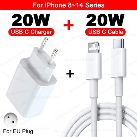 Adaptateur secteur US/EU 20 W PD, chargeur rapide pour iPhone 13, 12, 11, 14, 15, 16 Pro Max et Plus, câble de charge rapide USB-C. Accessoires inclus. (1/5)