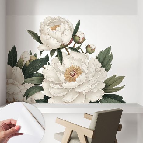 Selbstklebende Tapete modern Wohnzimmer - Wanddeko Schlafzimmer - Tapete mit Motiv Weiße Pfingstrosen 104x70 cm (1/5)