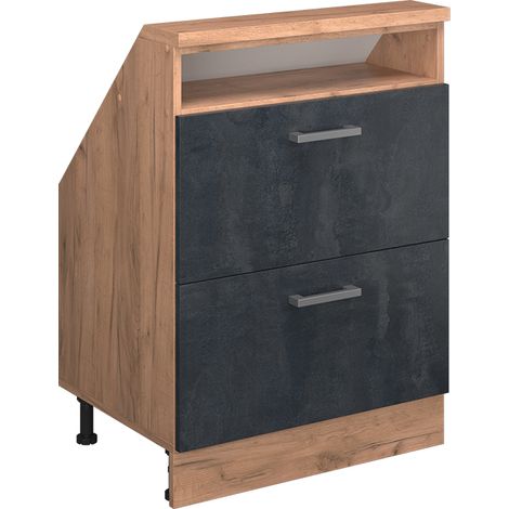 Meuble de rangement sous pente Rion, Béton noir/chêne doré, avec 2 tiroirs, Vicco