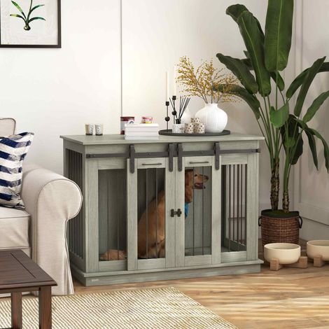 Cage pour chien en bois gris avec double porte et compartiment séparateur 120 x 60 x 88,5 cm (1/5)